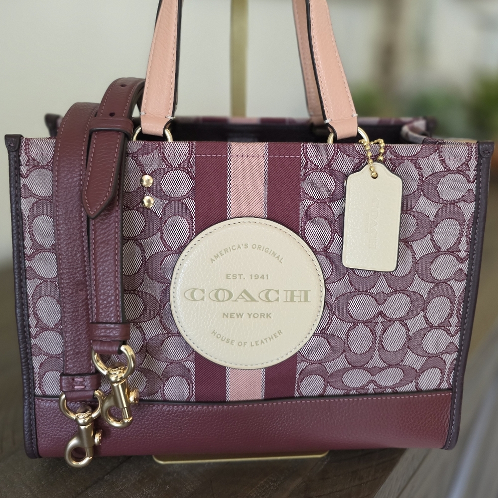 Coach Field Tote 22 Wine Multi Signature Jacquard & Leather Tote/Crossbody Bag - Picture 15 of 15